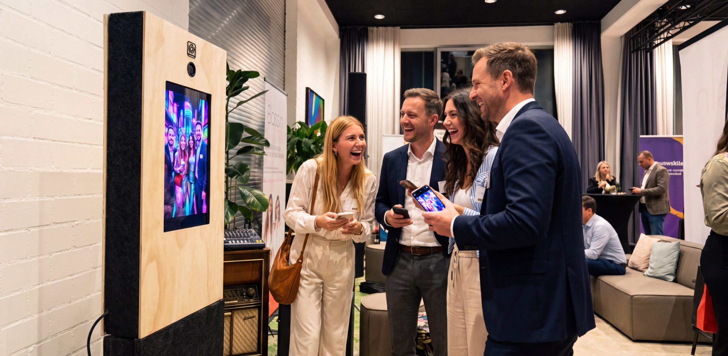 Gäste lachen vor der knizz.ai Fotobox und schauen ihre KI-Bilder auf dem Smartphone an