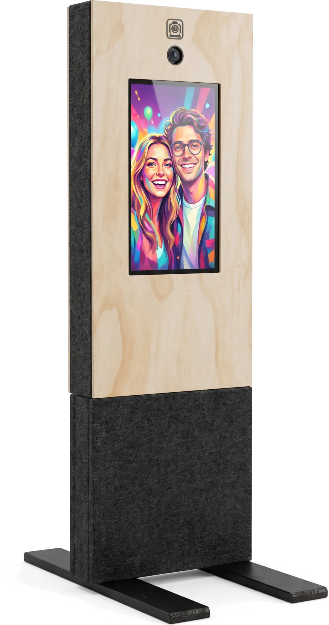 knizz.ai KI-Fotobox aus hellem Holz mit Bildschirm und Kamera